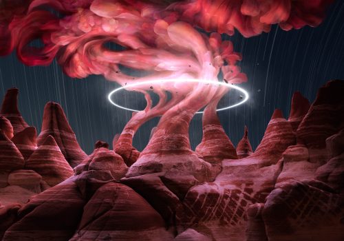 Red rocky spires under a night sky are illuminated by a glowing ring and swirling red clouds, creating a futuristic scene reminiscent of drone light painting in nighttime landscape photography.