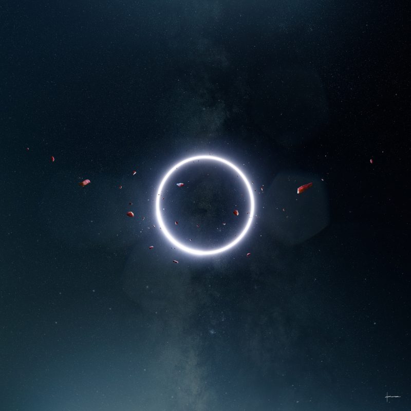 A glowing circular shape in the night sky with red fragments floating around it, set against a starry background.