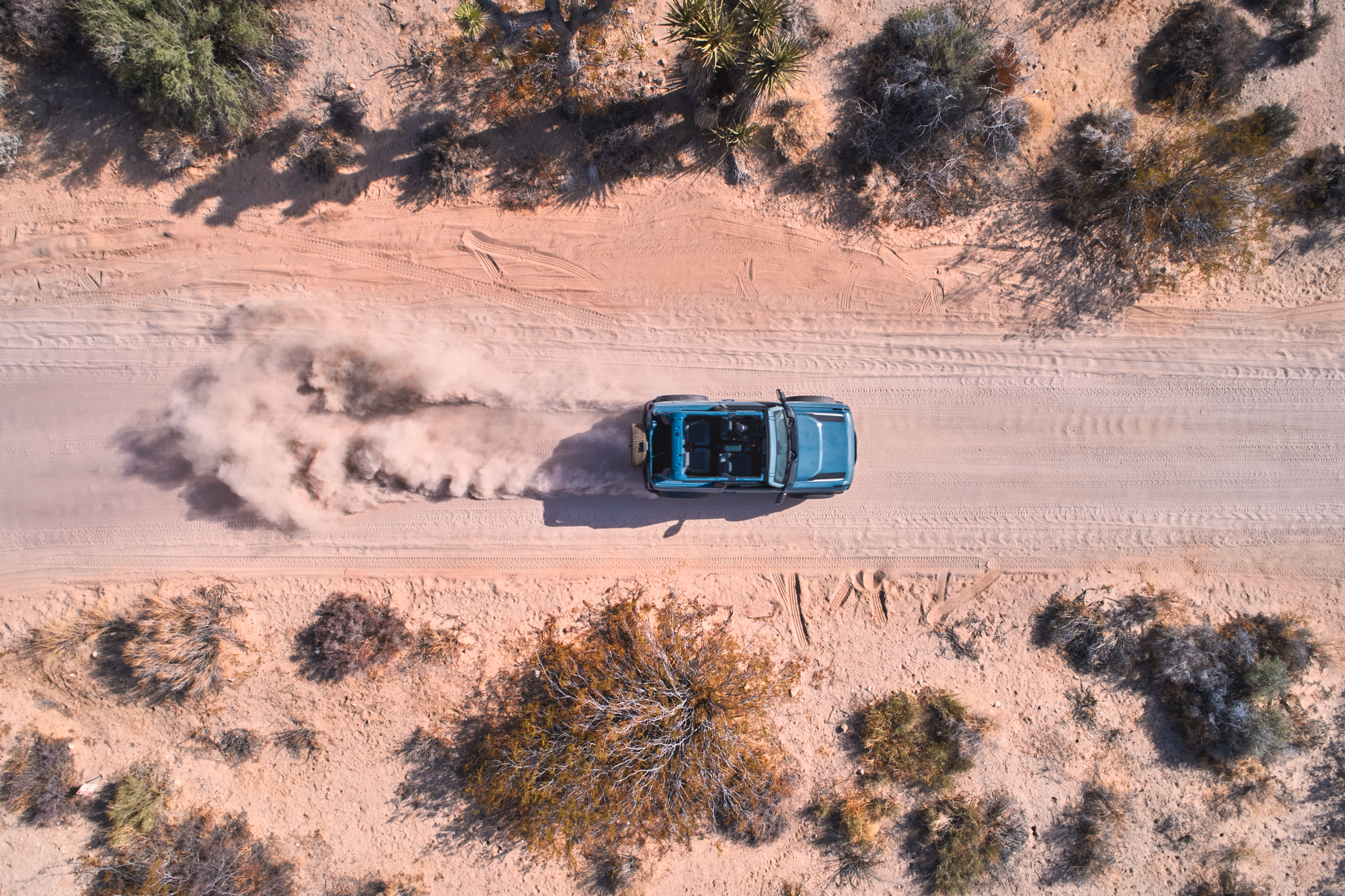 A blue SUV drives on a dusty desert road, creating a cloud of dust behind it, surrounded by sparse bushes—a scene that feels almost futuristic, like something out of nighttime landscape photography.