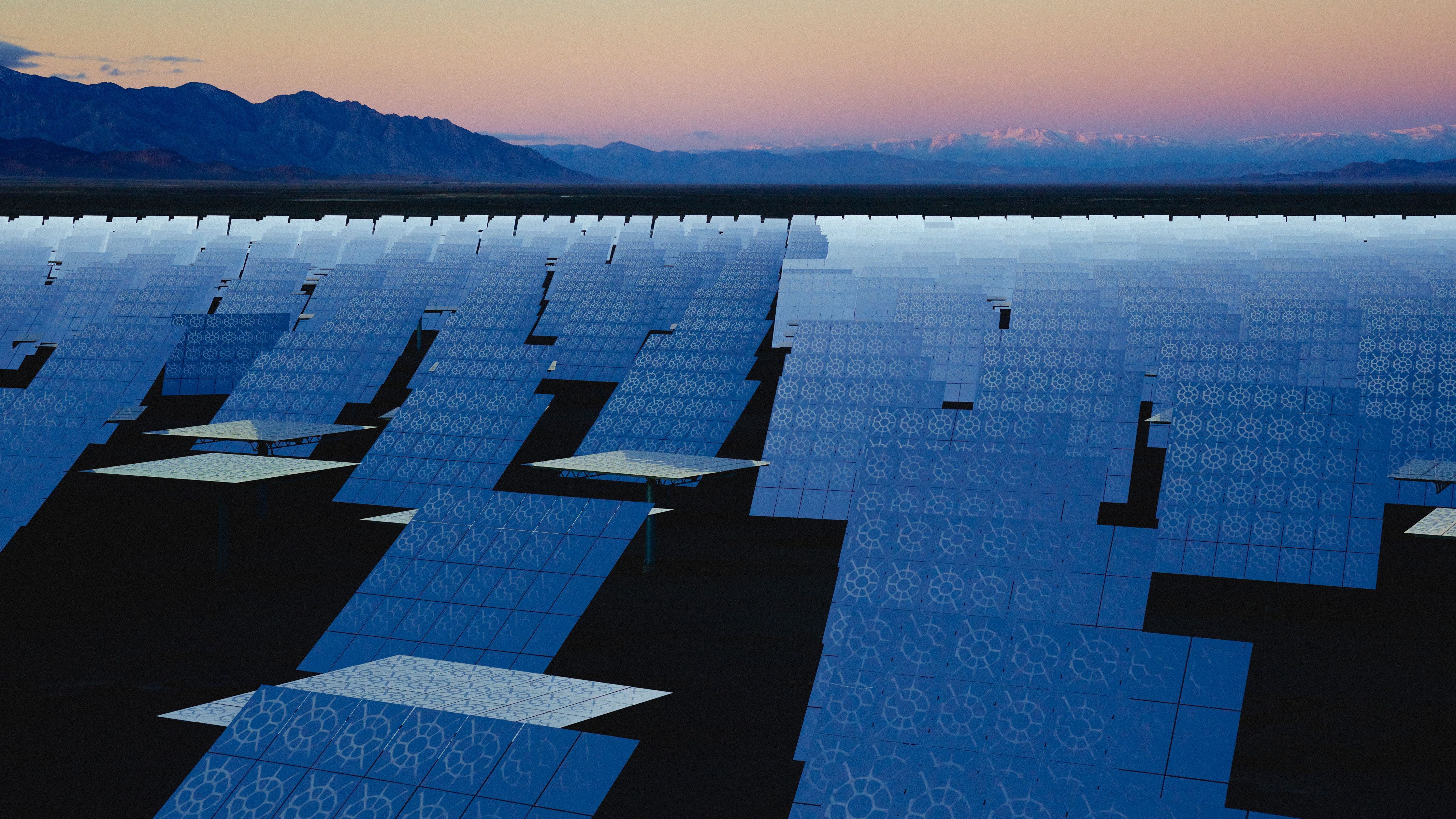 Rows of solar panels reflect light at sunset, set against distant mountains and a clear sky, creating a futuristic landscape perfect for any photographer.