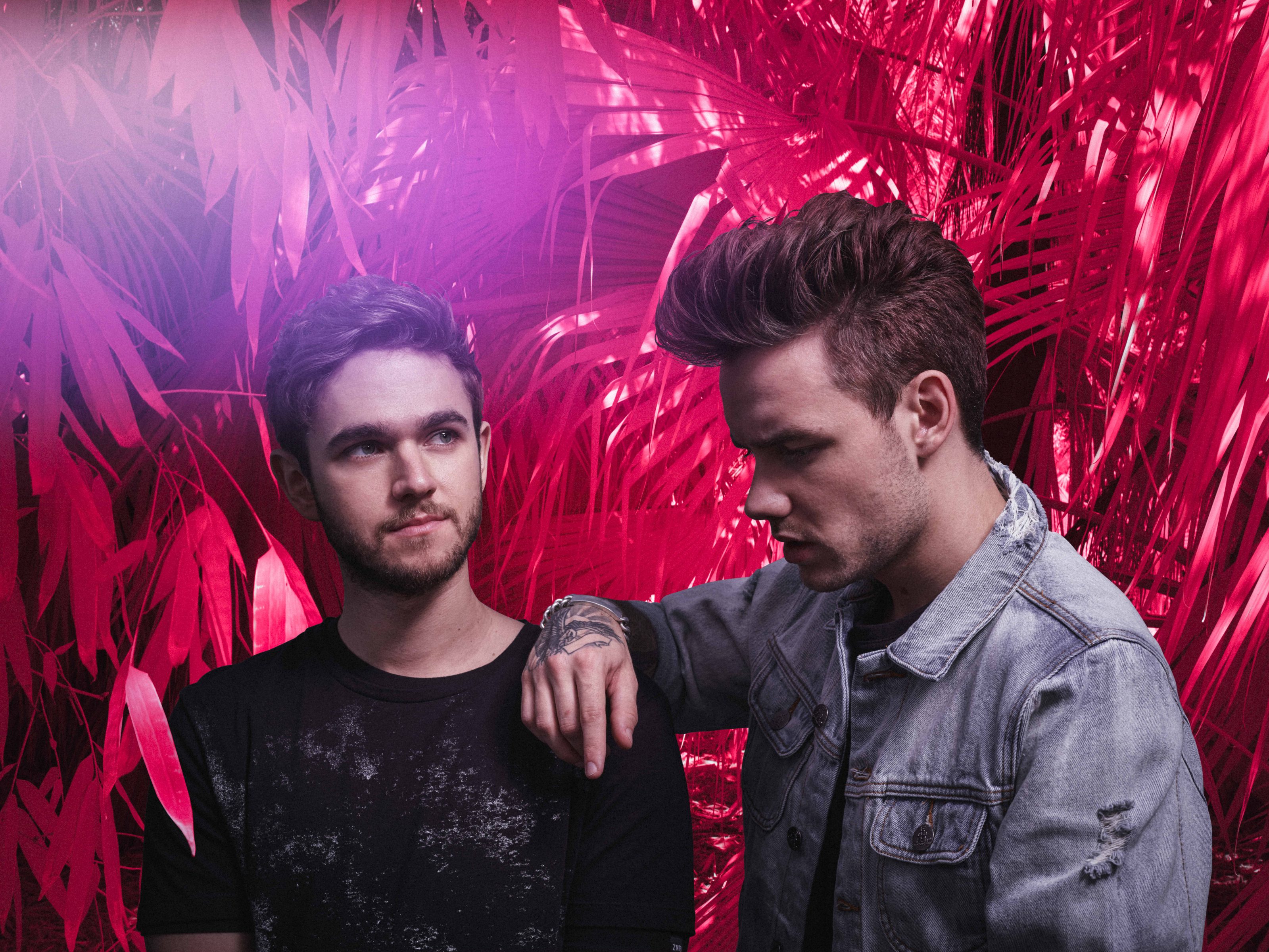 Two men stand before bright pink tropical leaves illuminated by drone light art; one wears a black shirt, the other a denim jacket.
