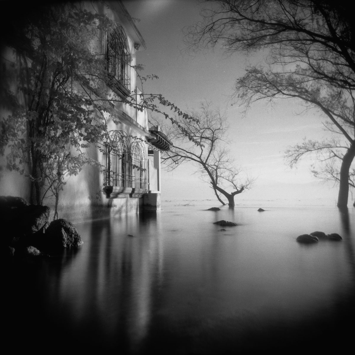 Black and white photo of a flooded house with bare trees and calm water under a cloudy sky, evoking the surreal stillness often found in nighttime landscape photography.