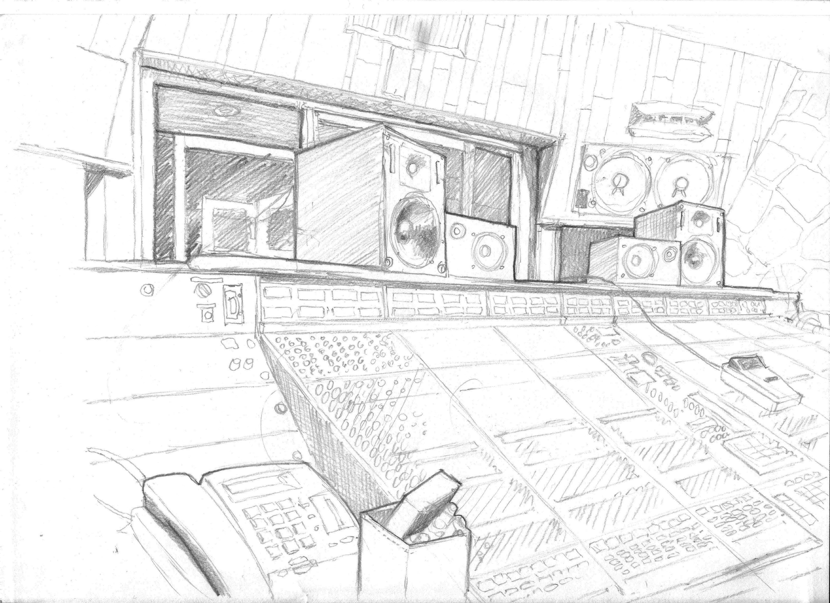 Pencil sketch of a recording studio control room with speakers and a large mixing console, capturing the atmosphere as if envisioned by a fine artist inspired by drone light art.