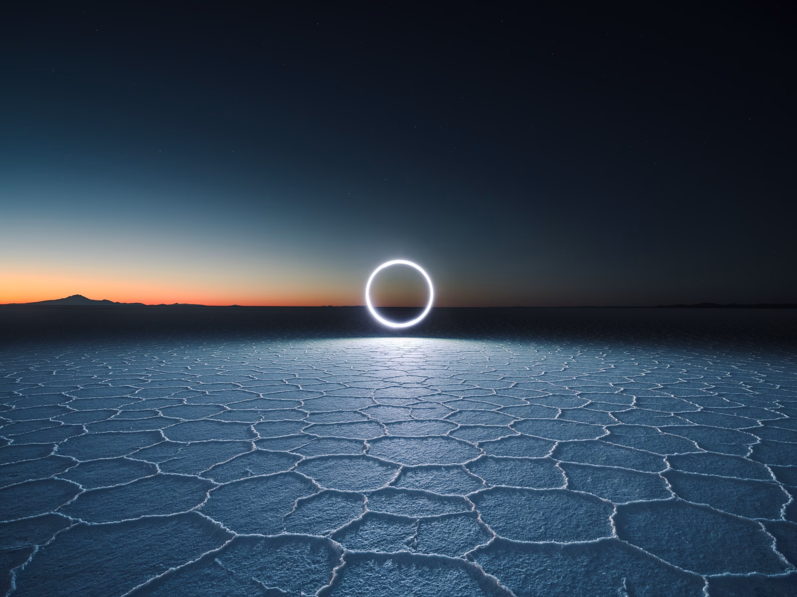 A glowing circle floats above a cracked salt flat at dusk, with a dark sky and subtle sunset on the horizon.