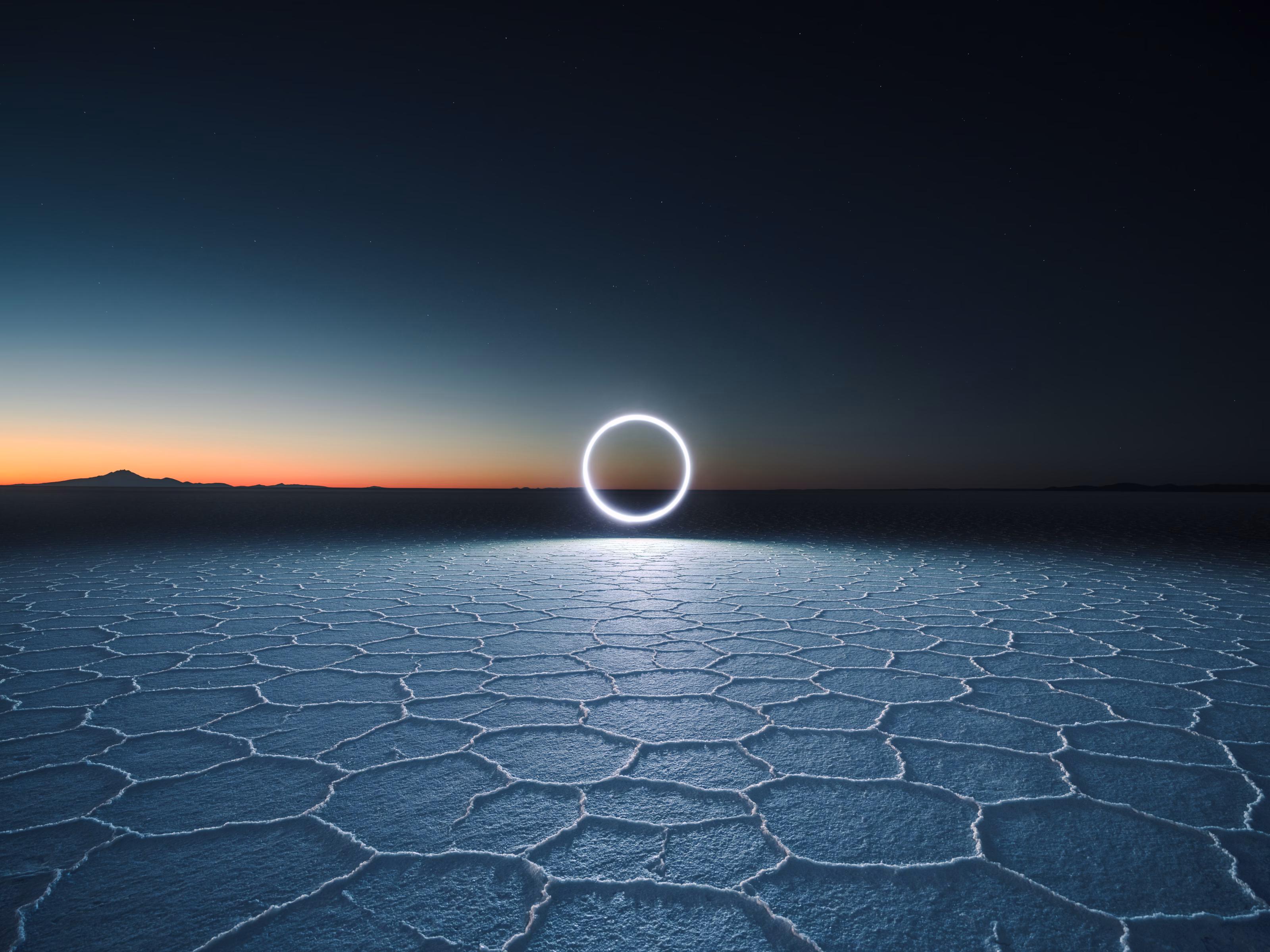 A glowing circle floats above a cracked salt flat at dusk, with a dark sky and subtle sunset on the horizon.